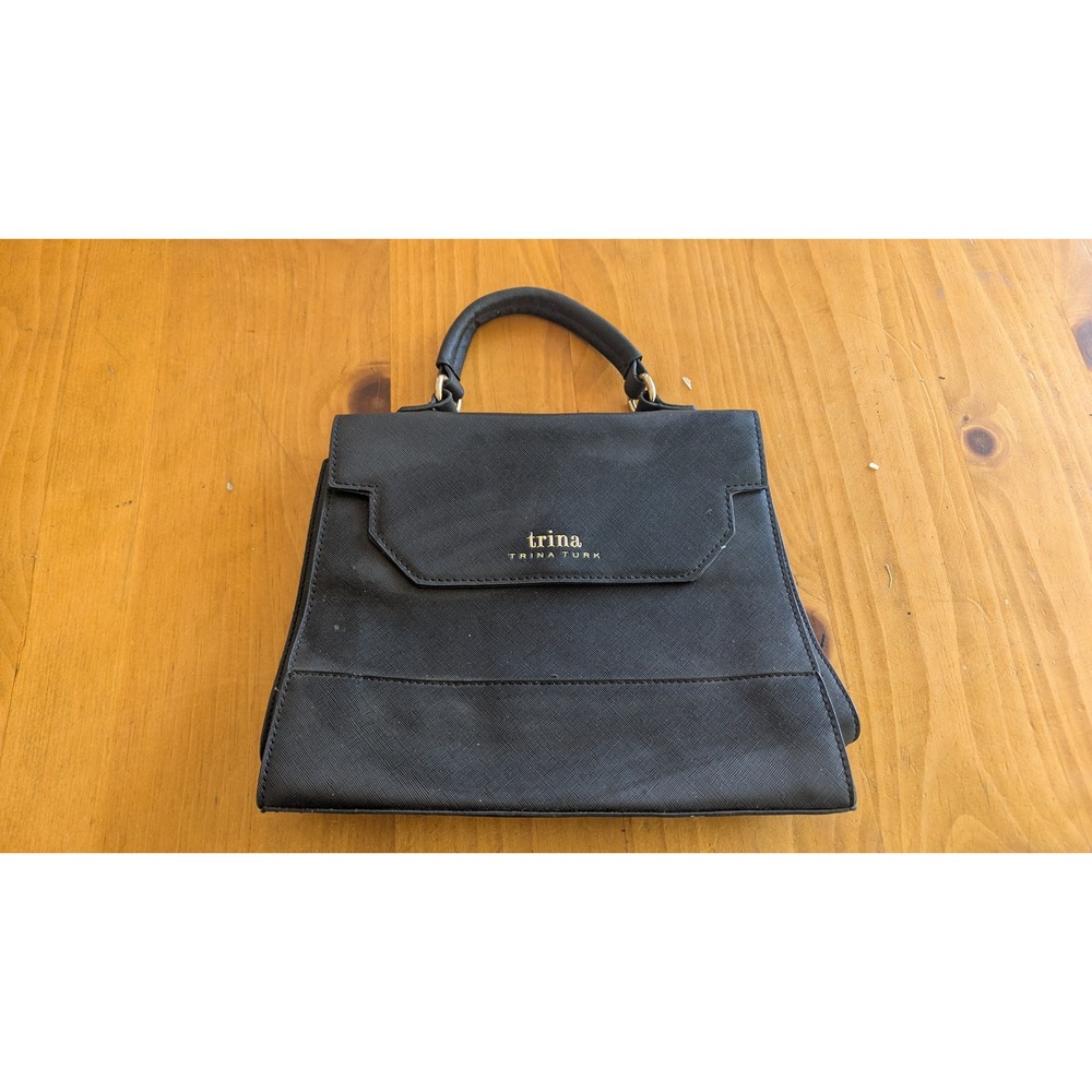 Trina Turk Black Structured Top Handle Handbag Gold Hardware Saffiano Texture